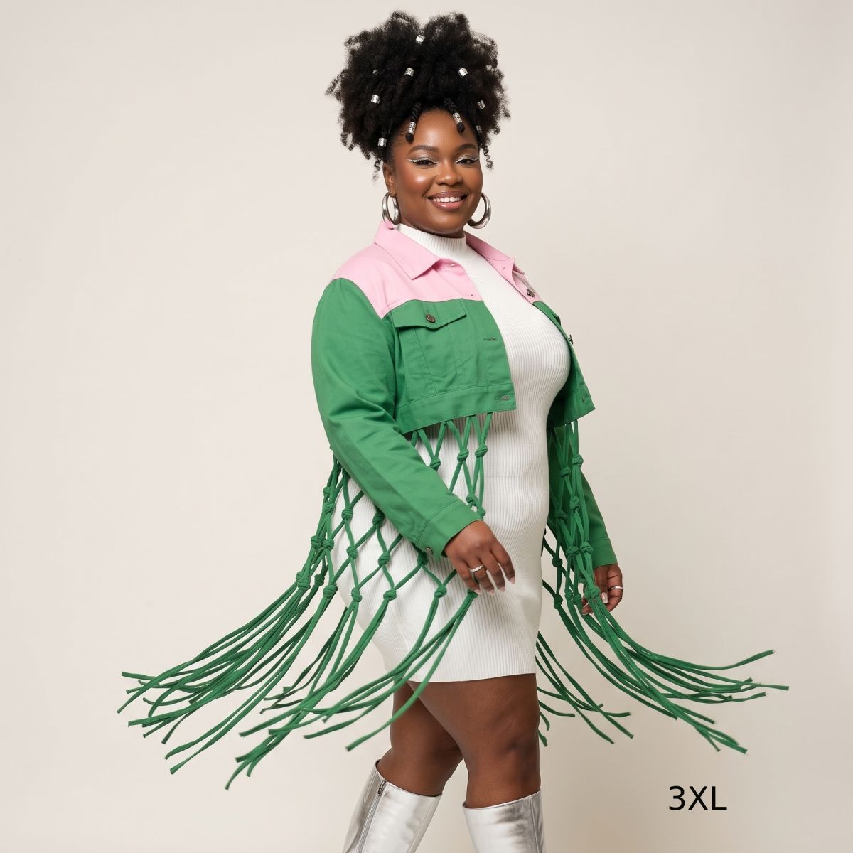 AKA Apparel 3XL Pink Green Denim Fringe Jacket