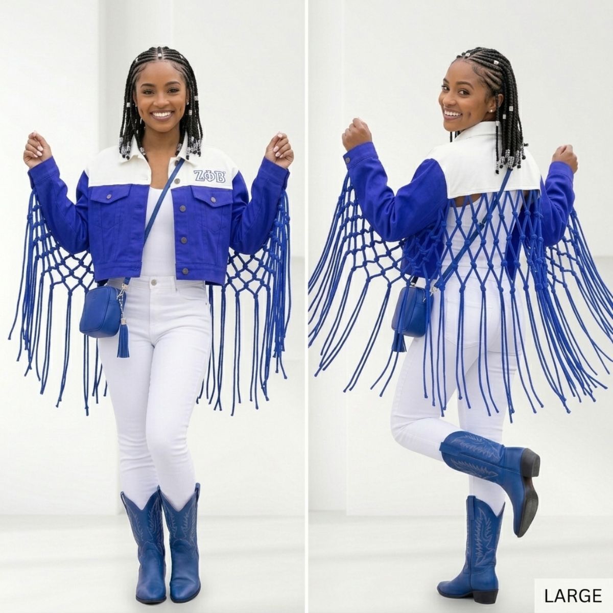 ZPB Apparel Large Blue White Denim Fringe Jacket