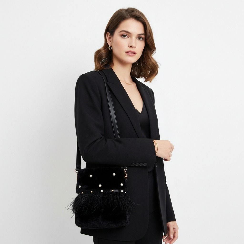 Black Fur Pearl Stud Bucket Bag