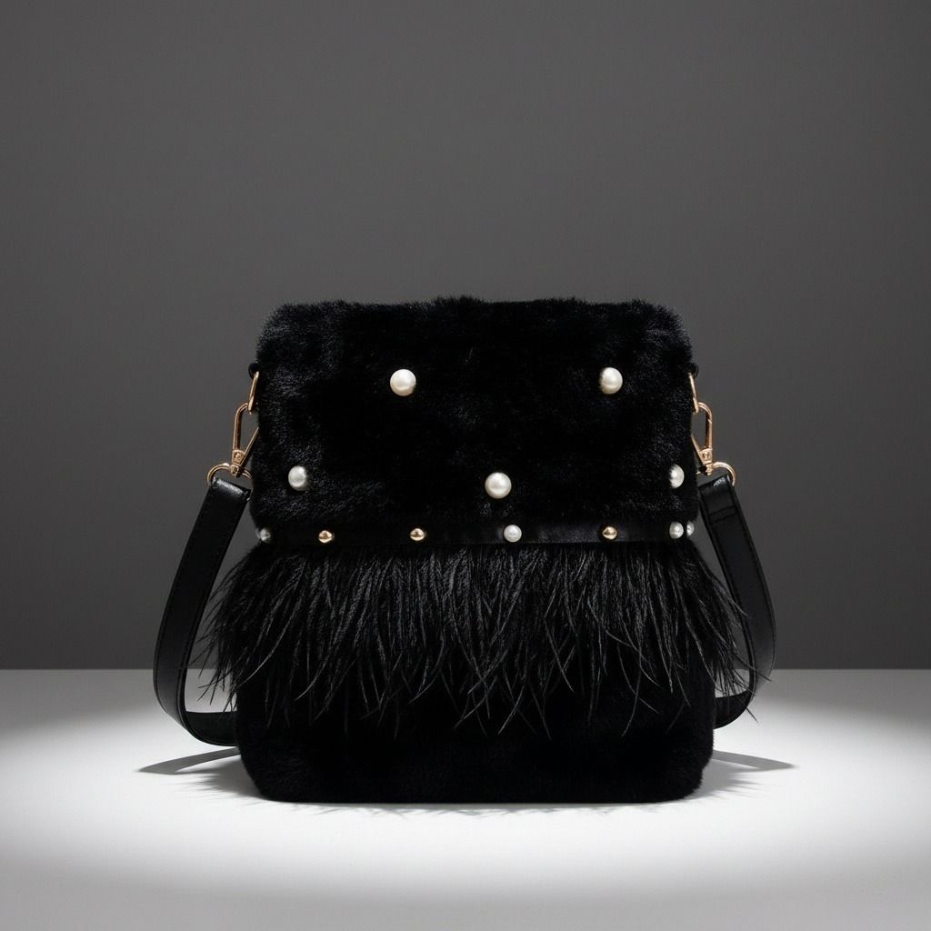 Black Fur Pearl Stud Bucket Bag