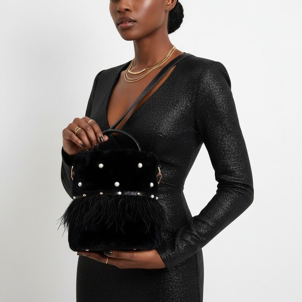 Black Fur Pearl Stud Bucket Bag