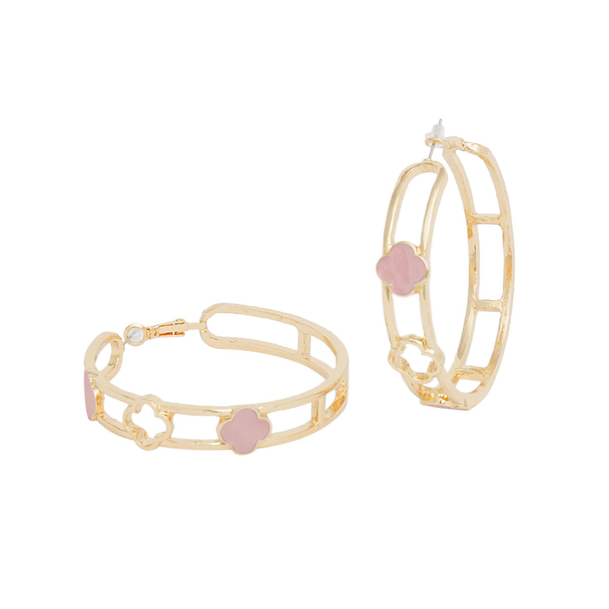 Hoops Gold Pink Clover Wide Earrings for Women