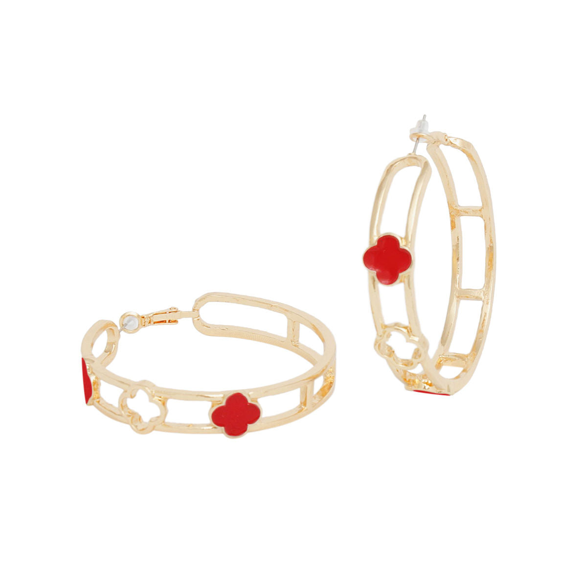 Hoops Gold Red Clover Wide Earrings for Women