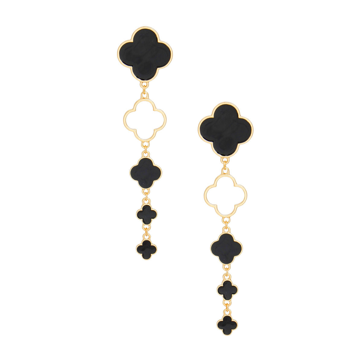 Dangle Gold Black Quatrefoil Linear Earrings