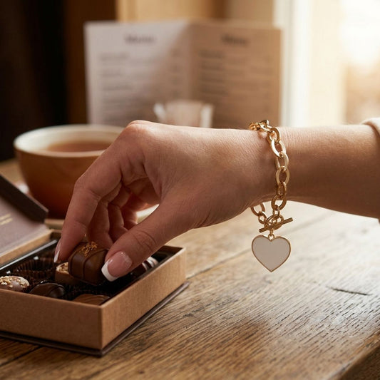 Cream Heart Charm Gold Oval Chain Bracelet