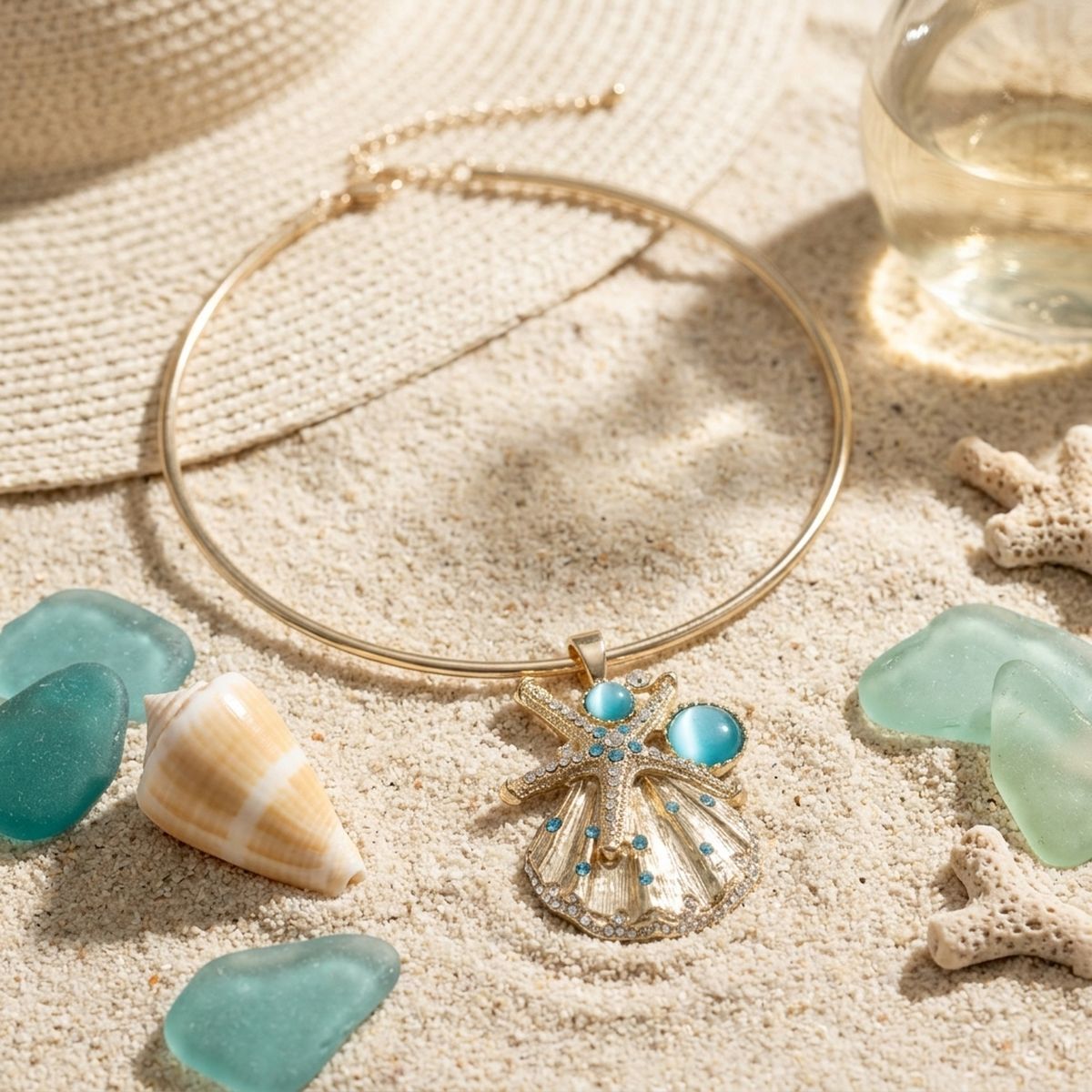 Gold Choker Sea Life Pendant Turquoise Rhinestones