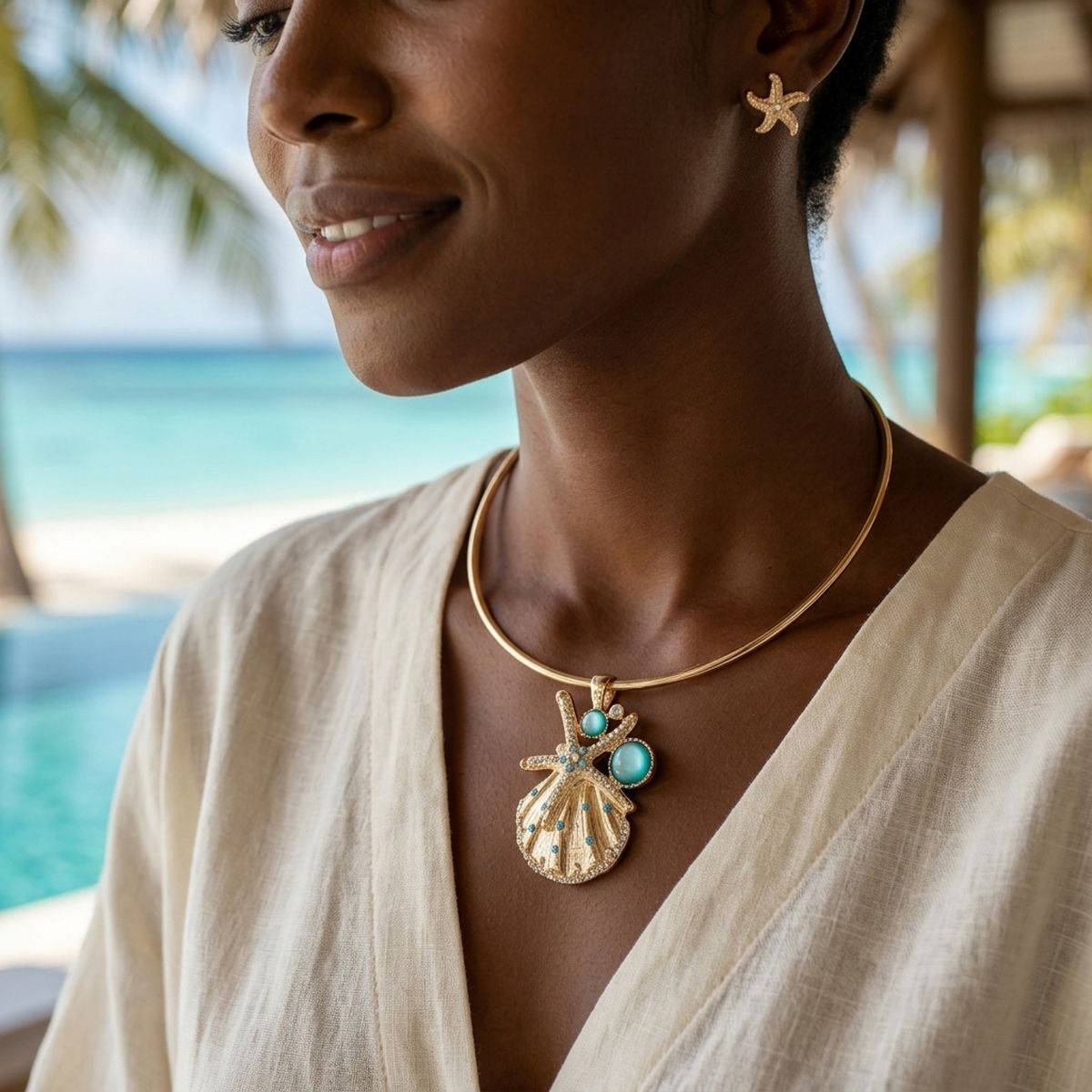 Gold Choker Sea Life Pendant Turquoise Rhinestones