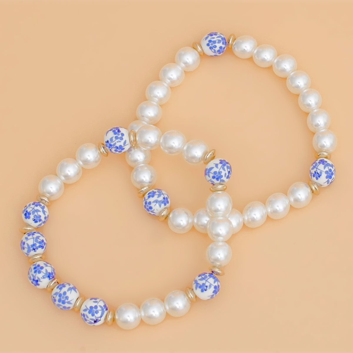 Bracelet Cream Pearl Blue Hand Painted Bead Set