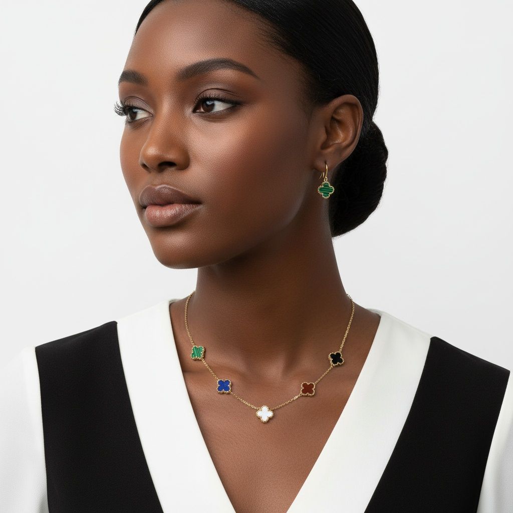 Chain Colorful 5 Motif Quatrefoil Clover Necklace