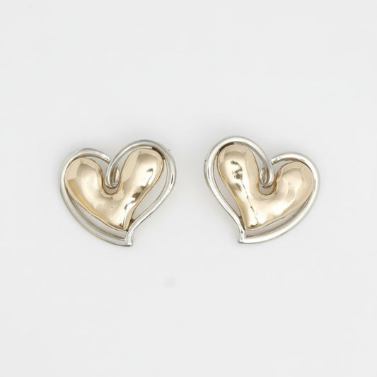 Stud Two Tone Gold Silver Chubby Heart Earrings