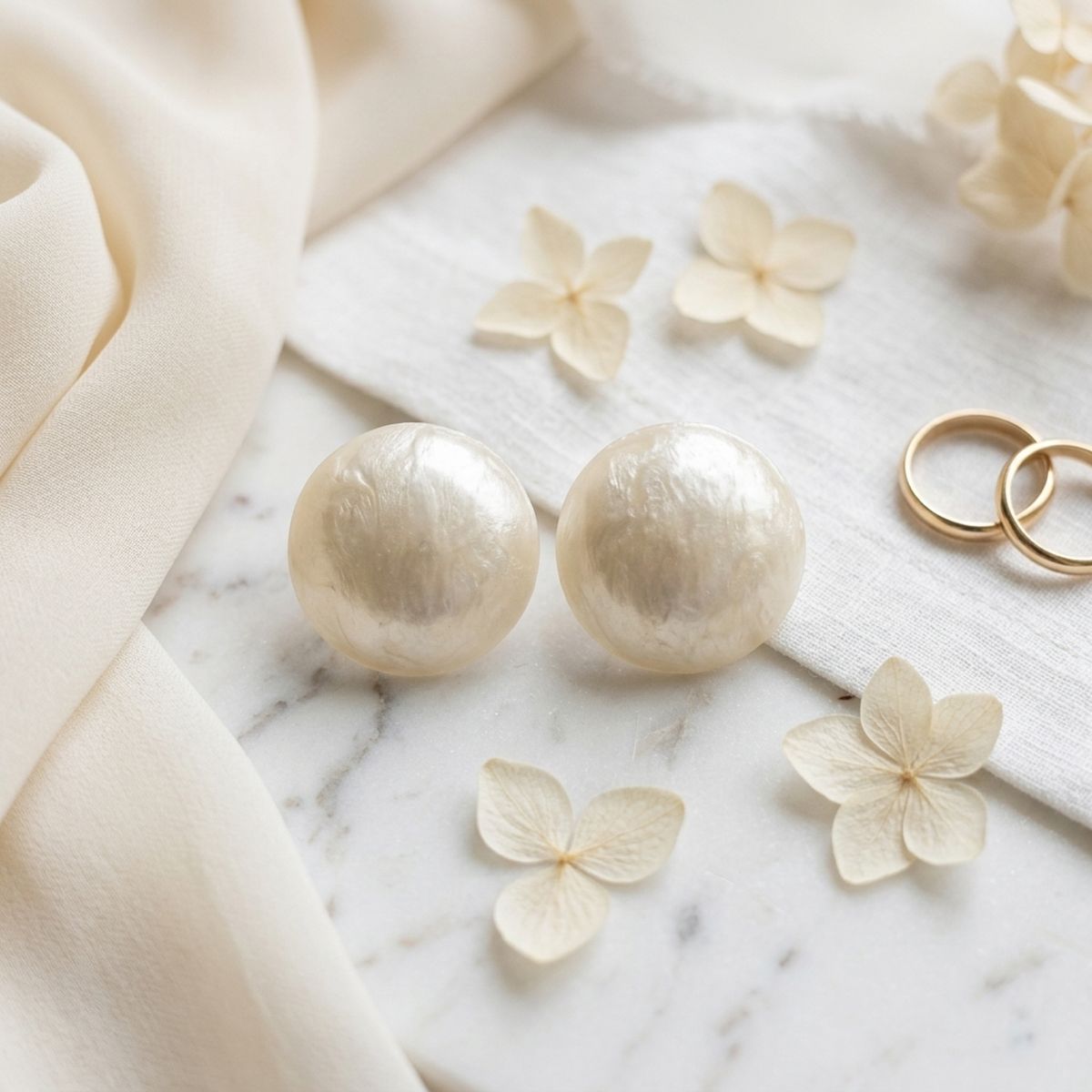 Ivory Pearlescent Domed Round Stud Earrings