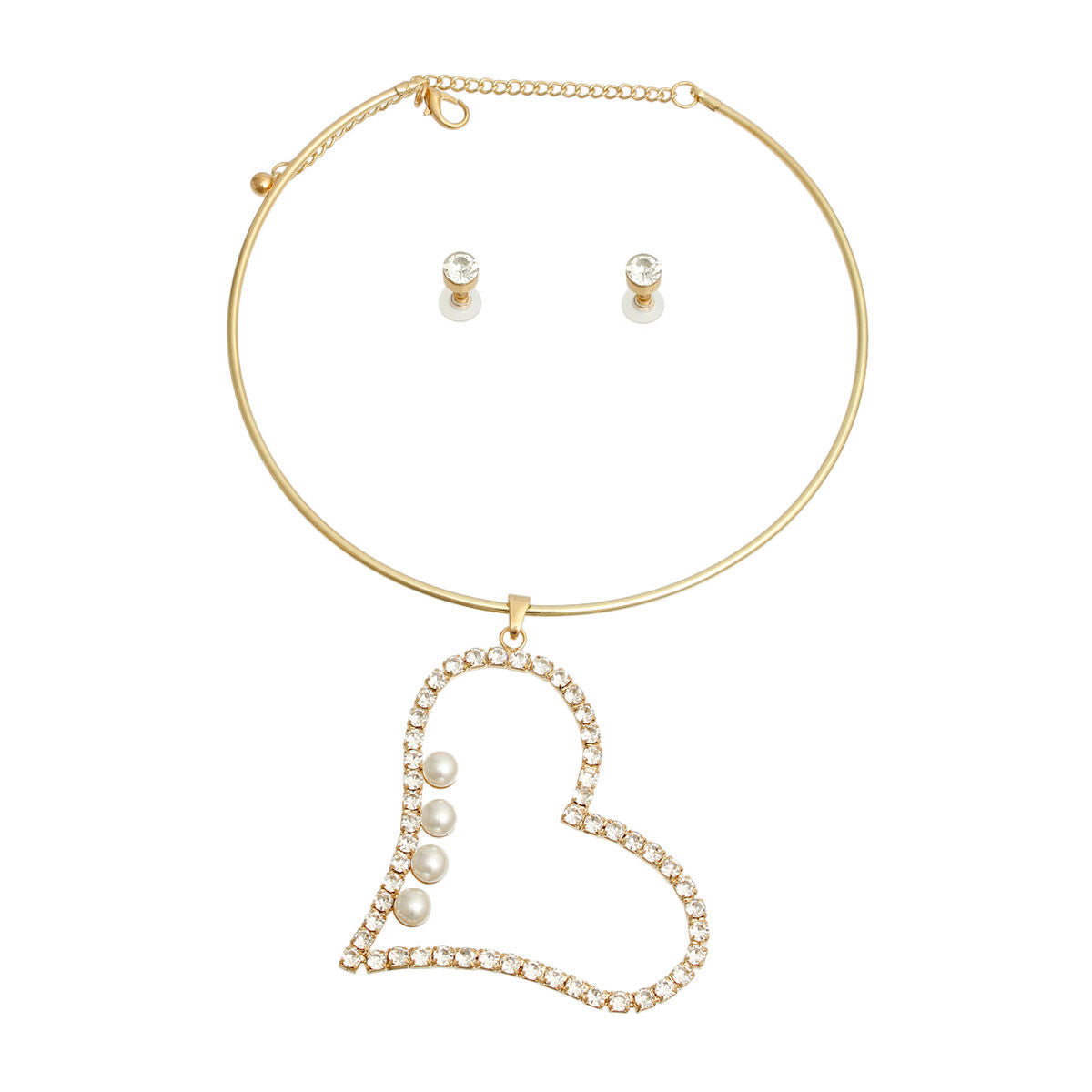 Gold Pearl Rhinestone Heart Choker