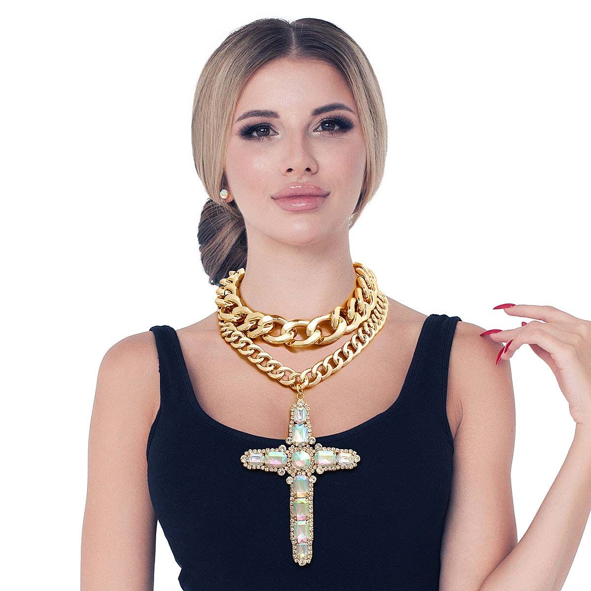 Chunky Aurora Borealis Jumbo Cross Necklace