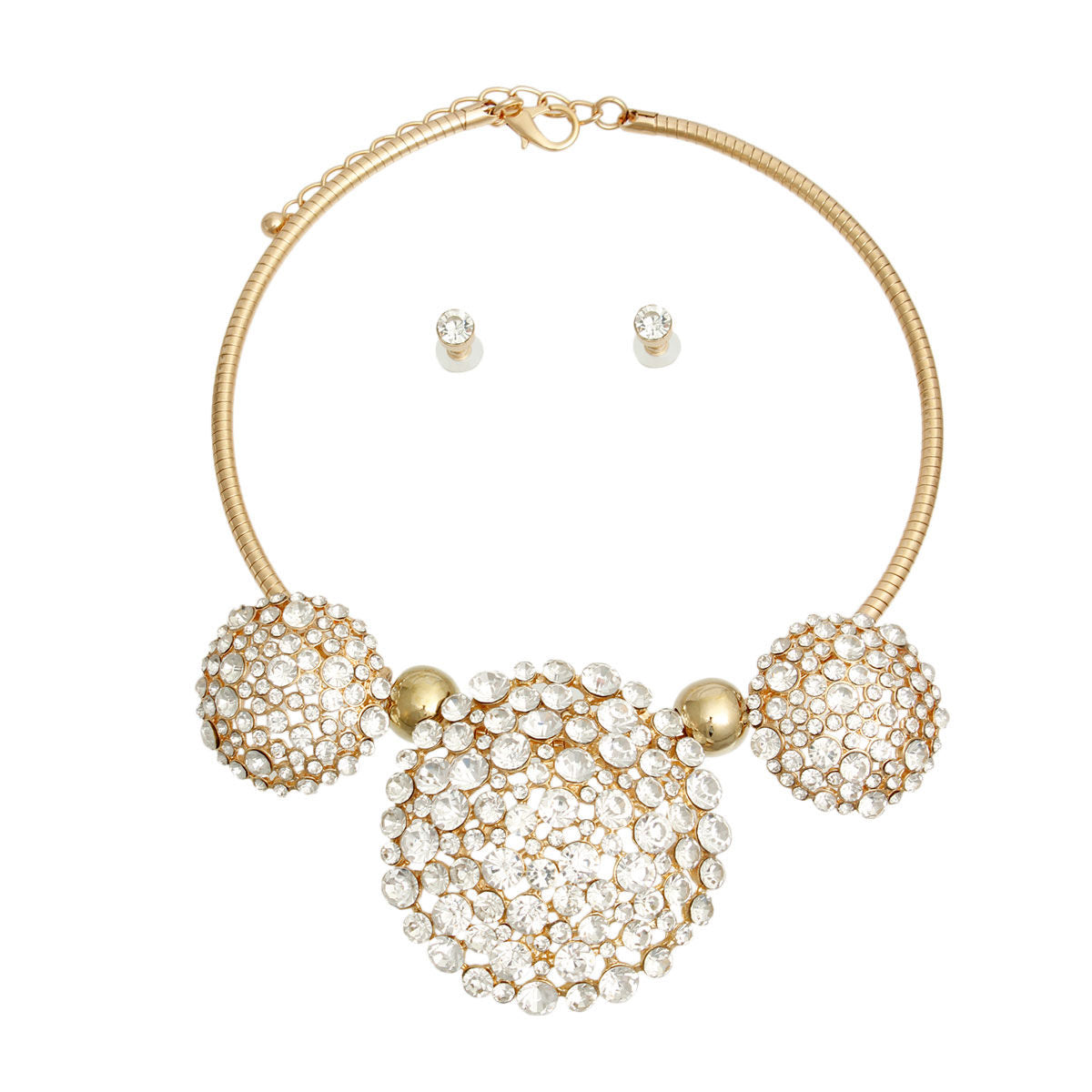 Gold Triple Rhinestone Dome Cluster Collar