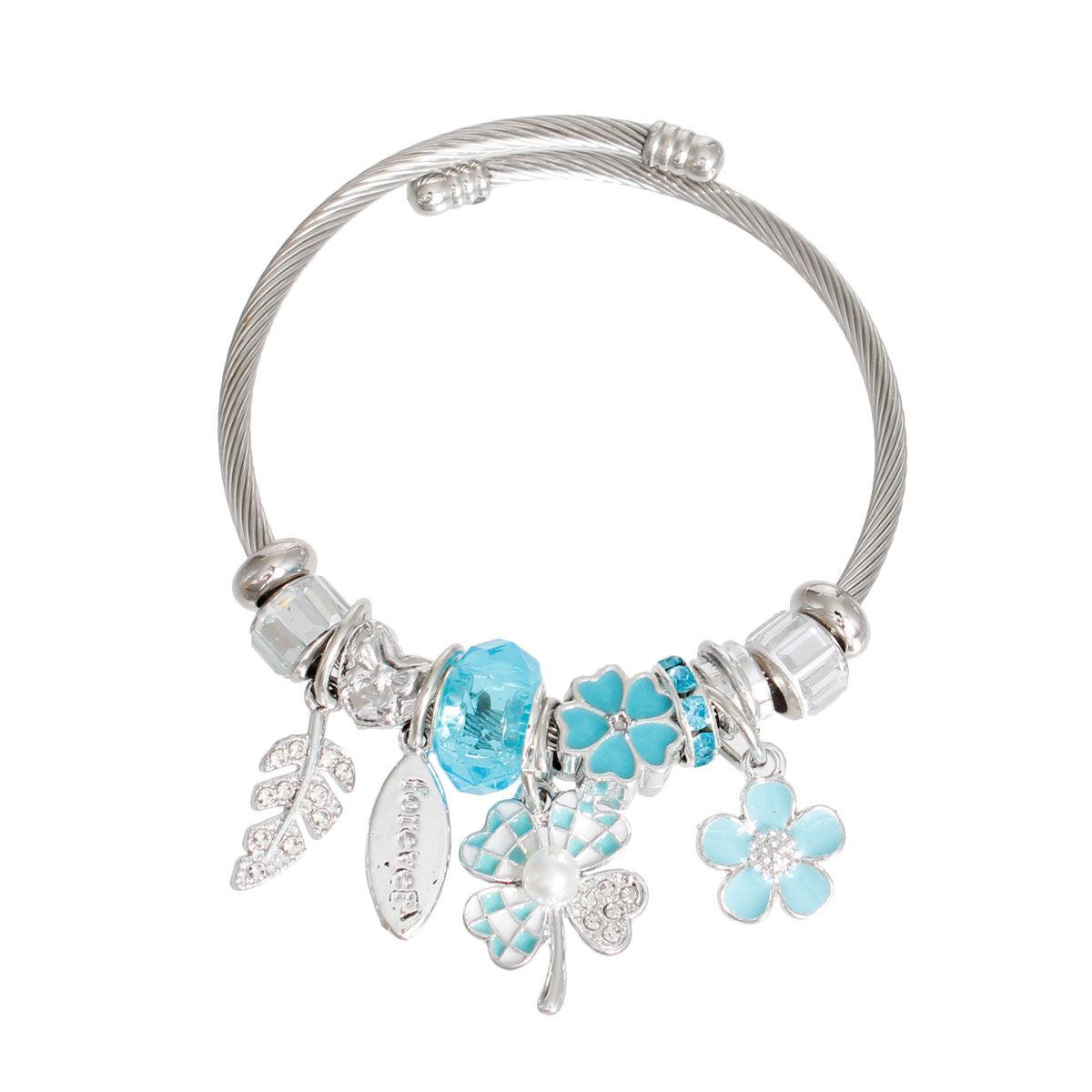 Silver Blue Clover Cable Bangle