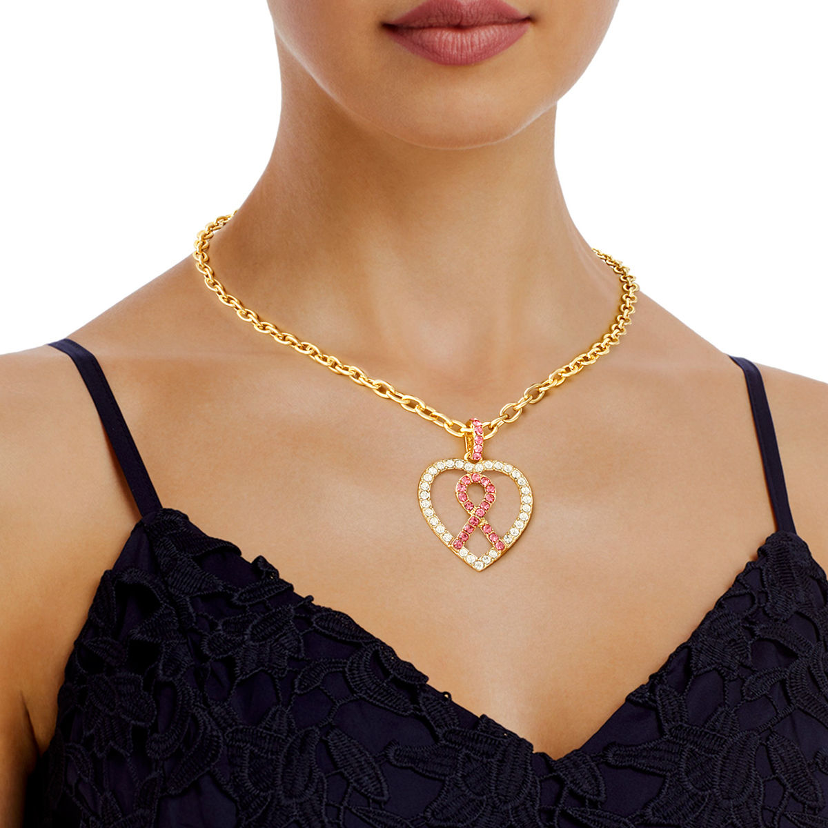 Pink Ribbon Clear Heart Necklace