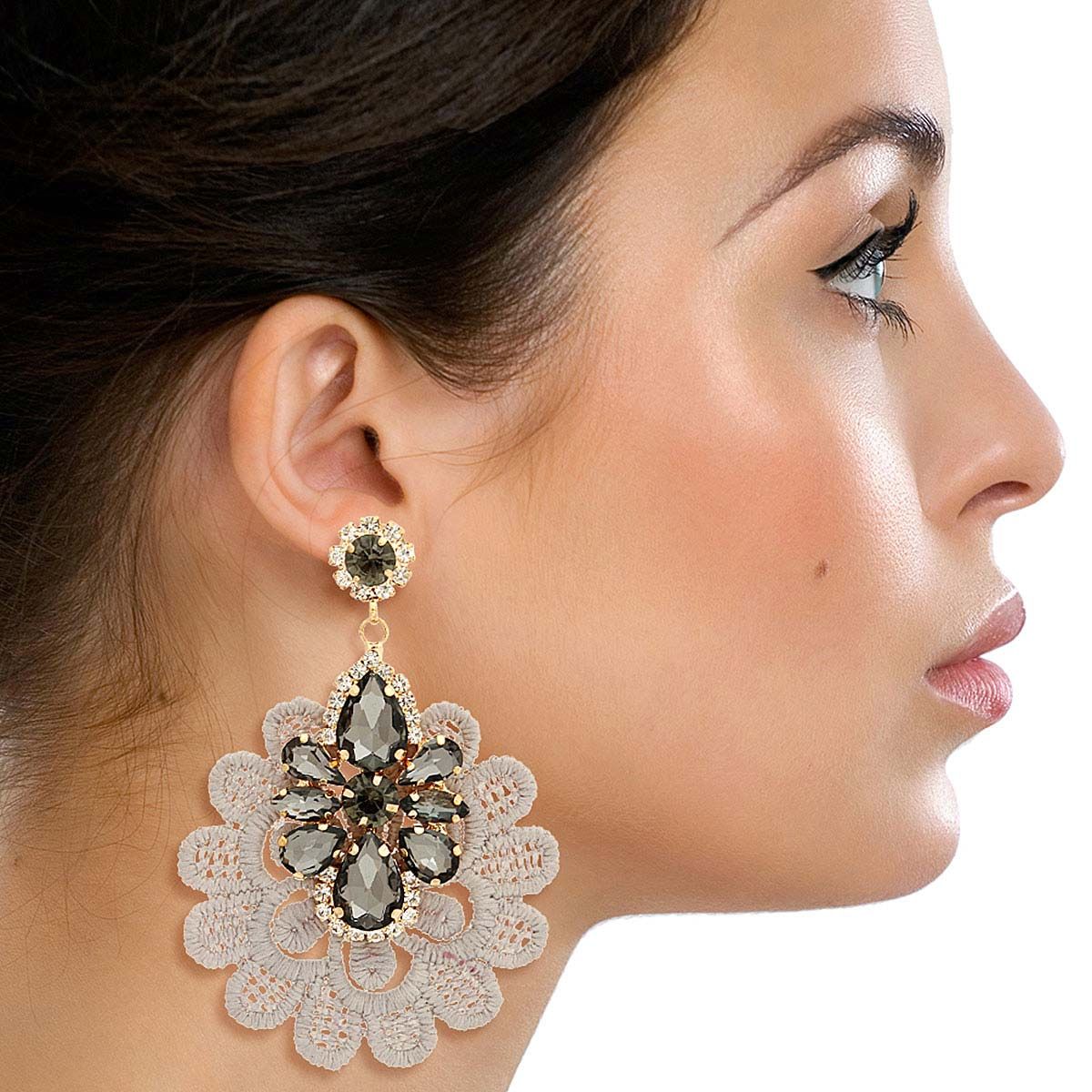 Gray Fabric Lace Crystal Earrings