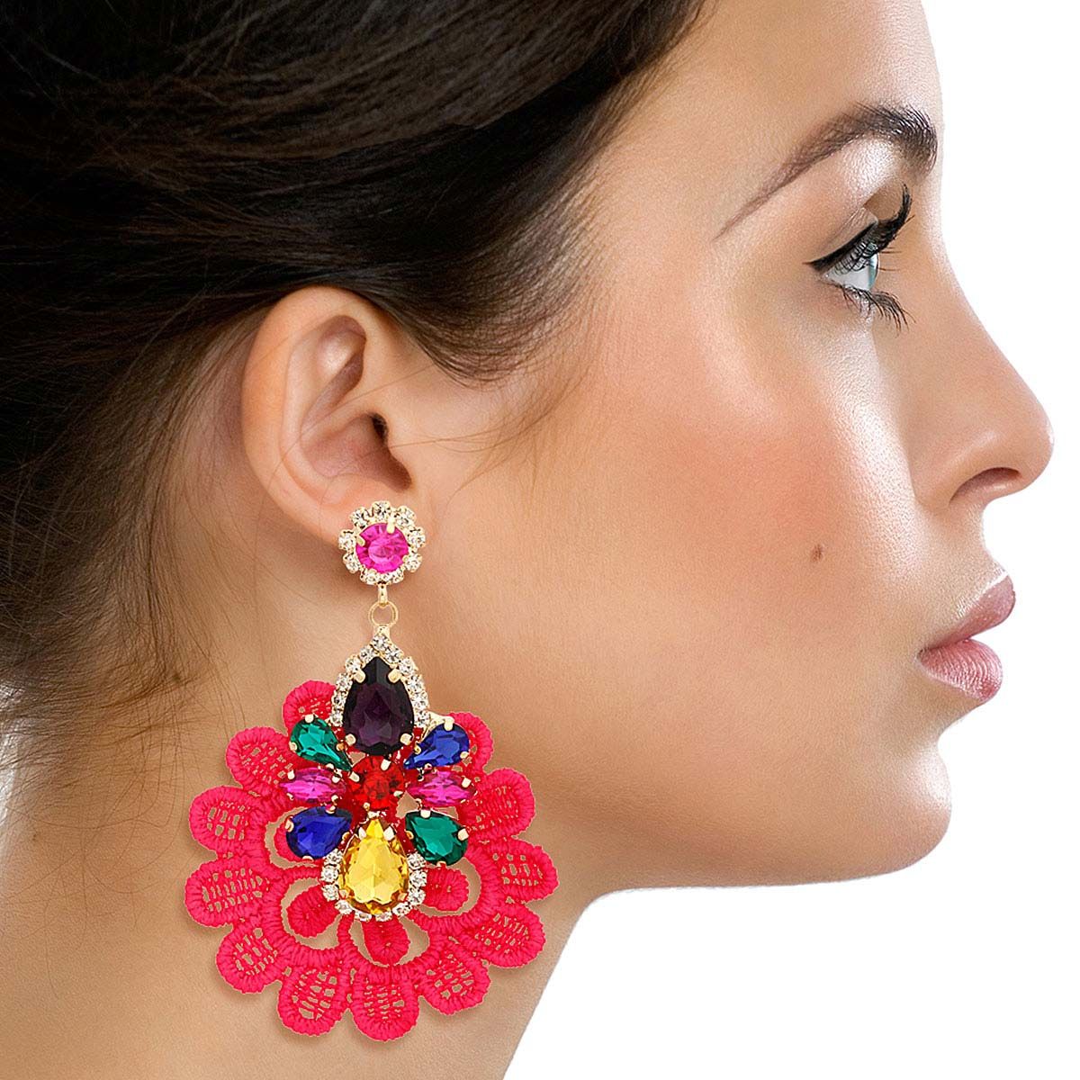 Pink Fabric Lace Crystal Earrings