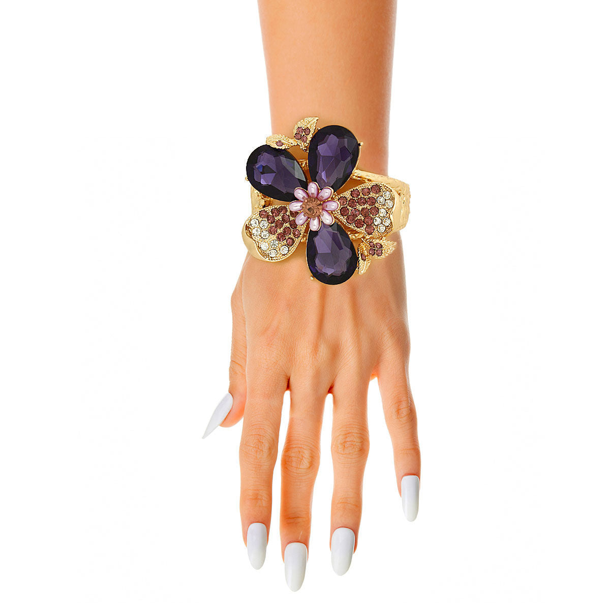 Purple Crystal Floral Leaf Cuff