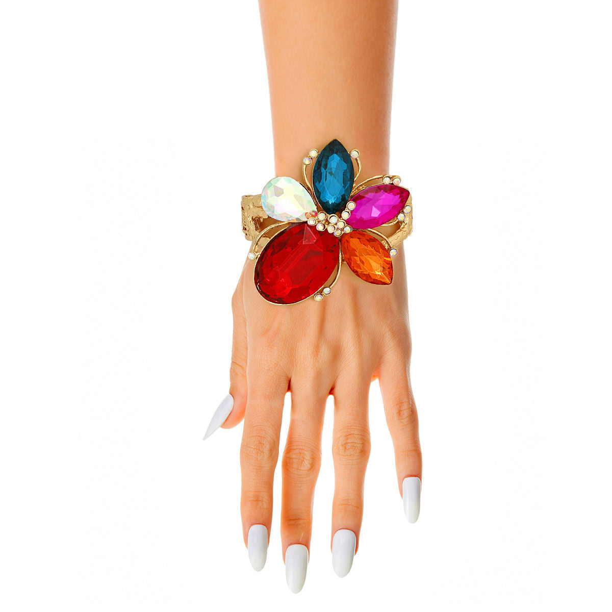 Multi Color Crystal Flower Hinge Cuff