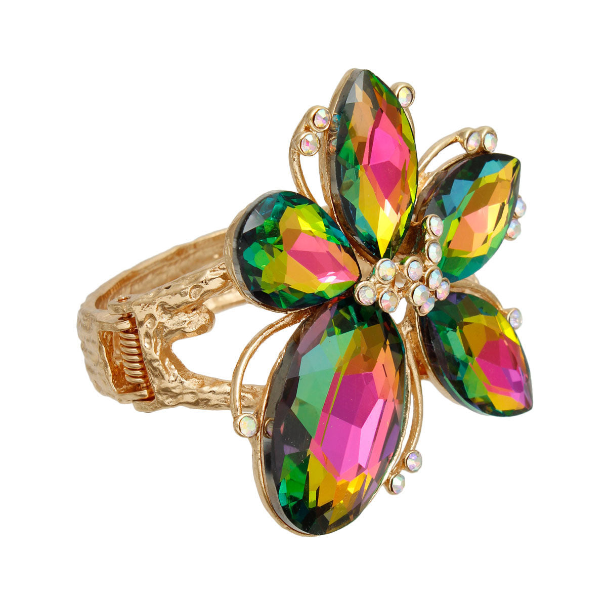 Pink Green Crystal Flower Hinge Cuff