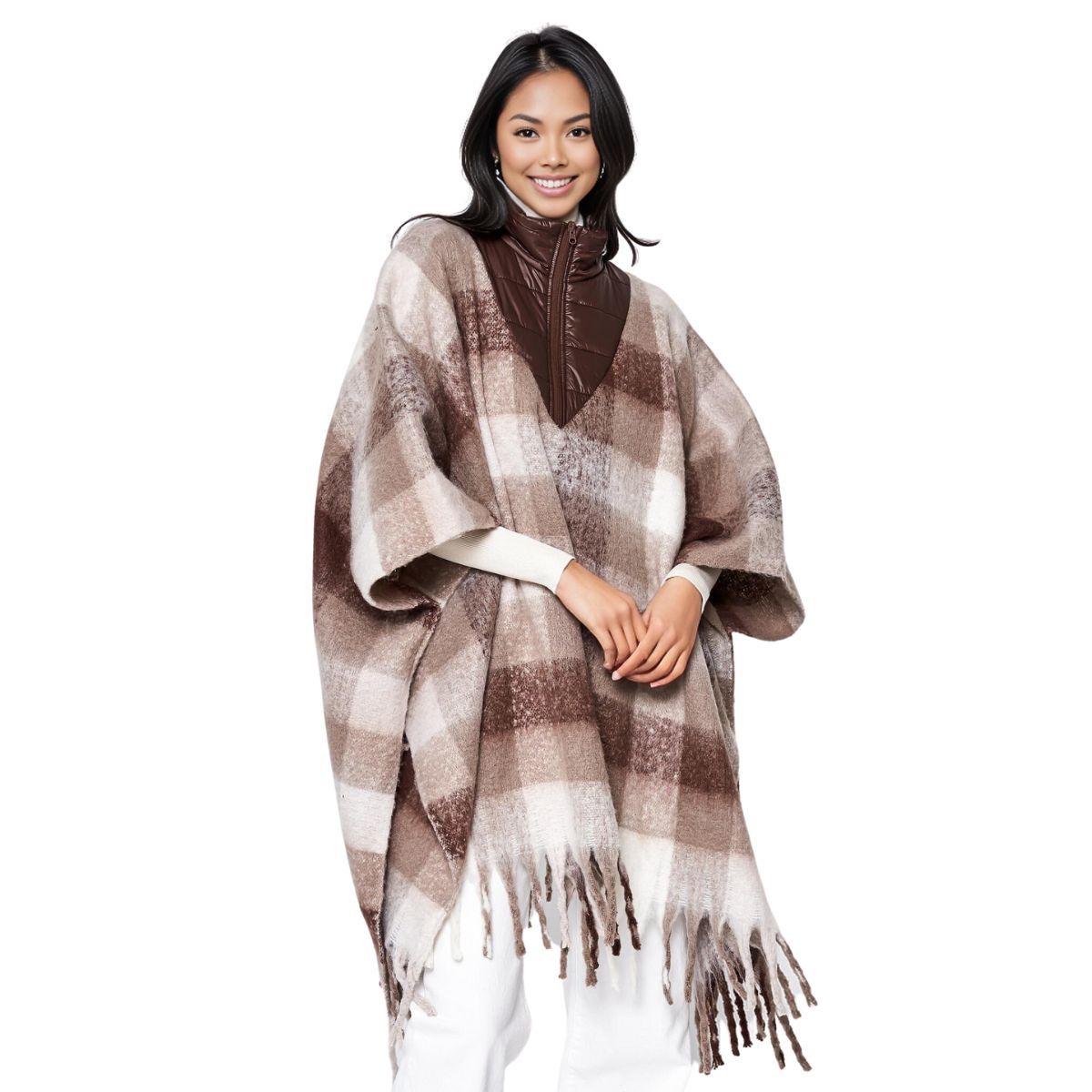 Poly Brown Plaid Long Zip Fringe Poncho for Women