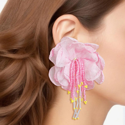 Drop Pink Fabric Flower Bead Earrings for Women