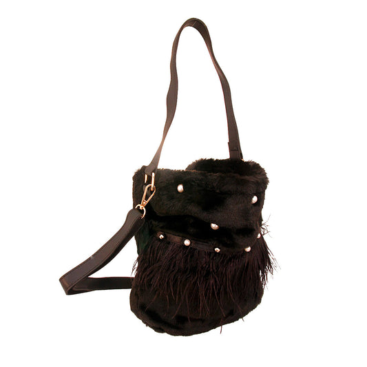 Black Fur Pearl Stud Bucket Bag