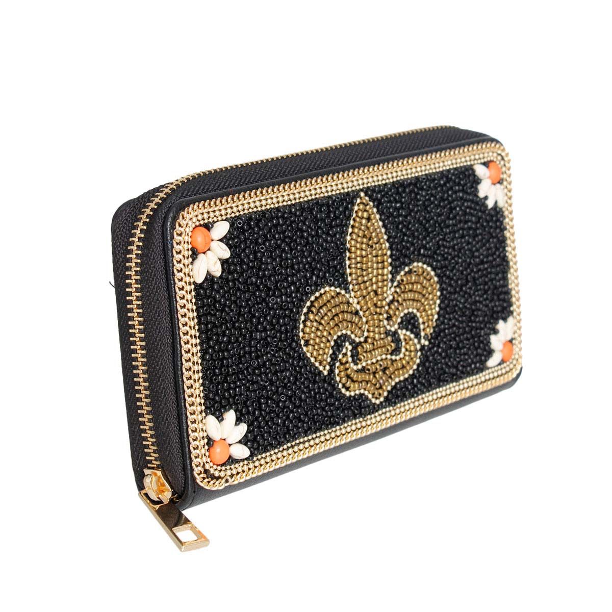 Black Fleur de Lis Beaded Wallet