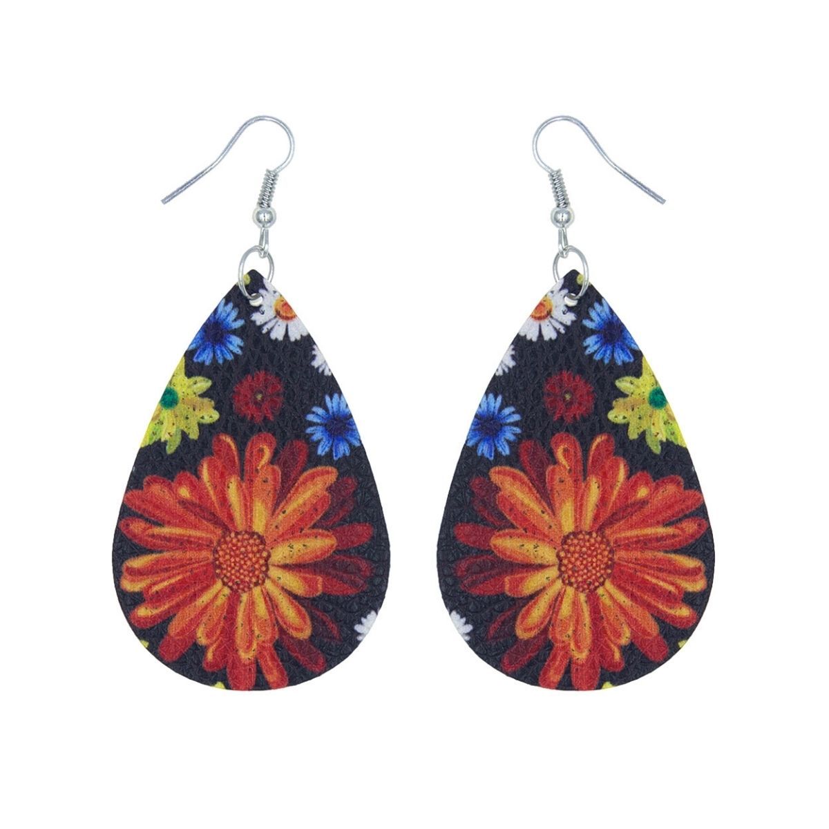 Multi Color Daisy Printed Teardrop Earrings