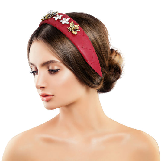 Designer Red Leather Bee Headband