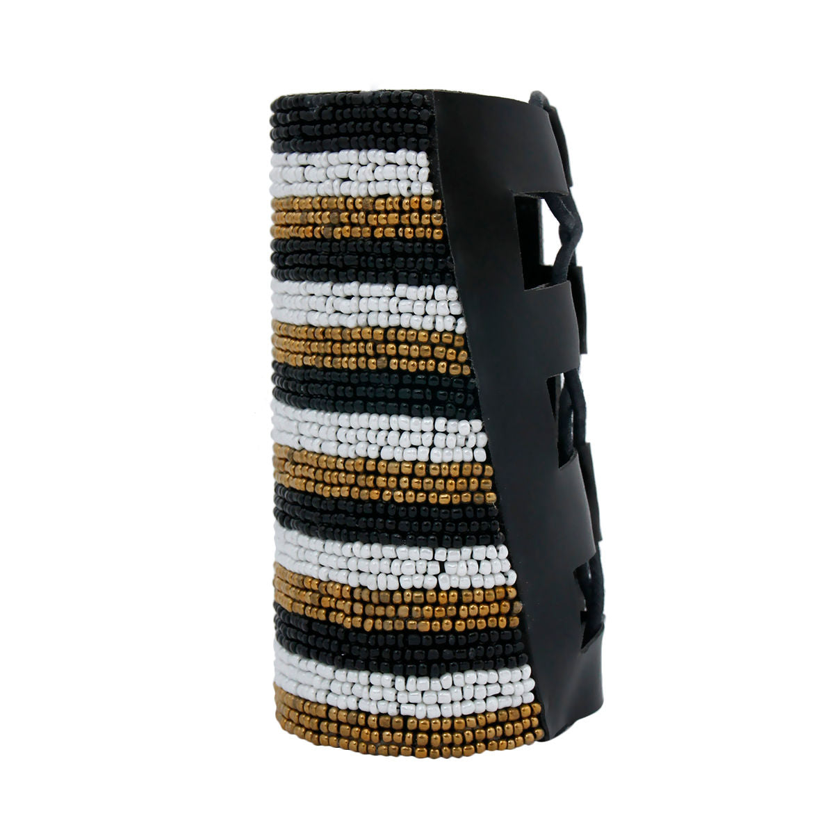 Black, White, and Gold Bead Striped Embroidered Arm Cuff Bracelet